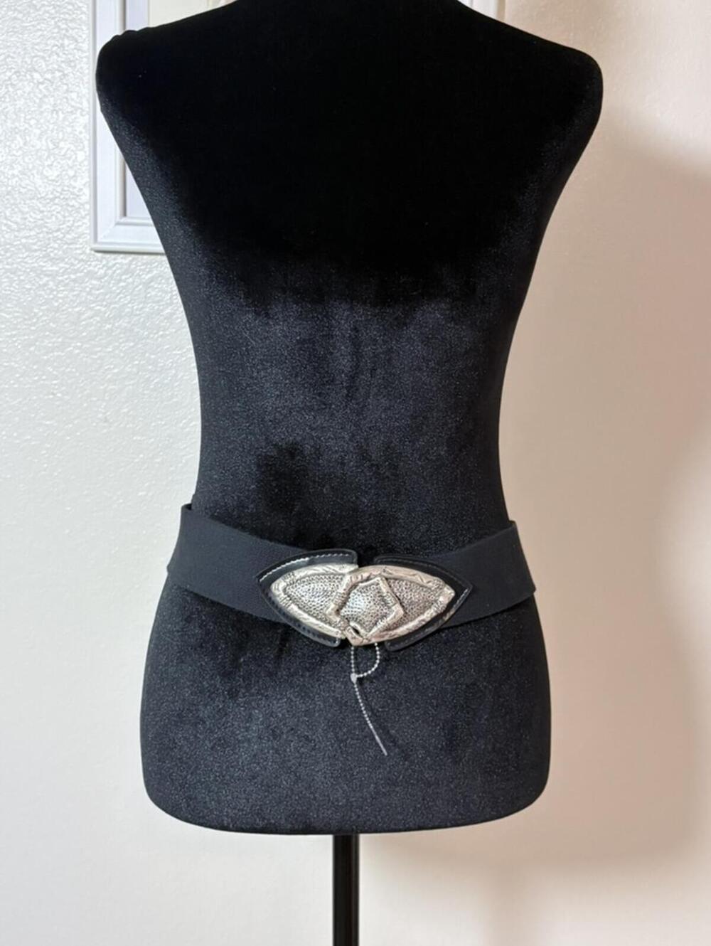Black Elastic Waist Cincher Belt Silver Arrowhead Clasp Hair On Hide Tips ML